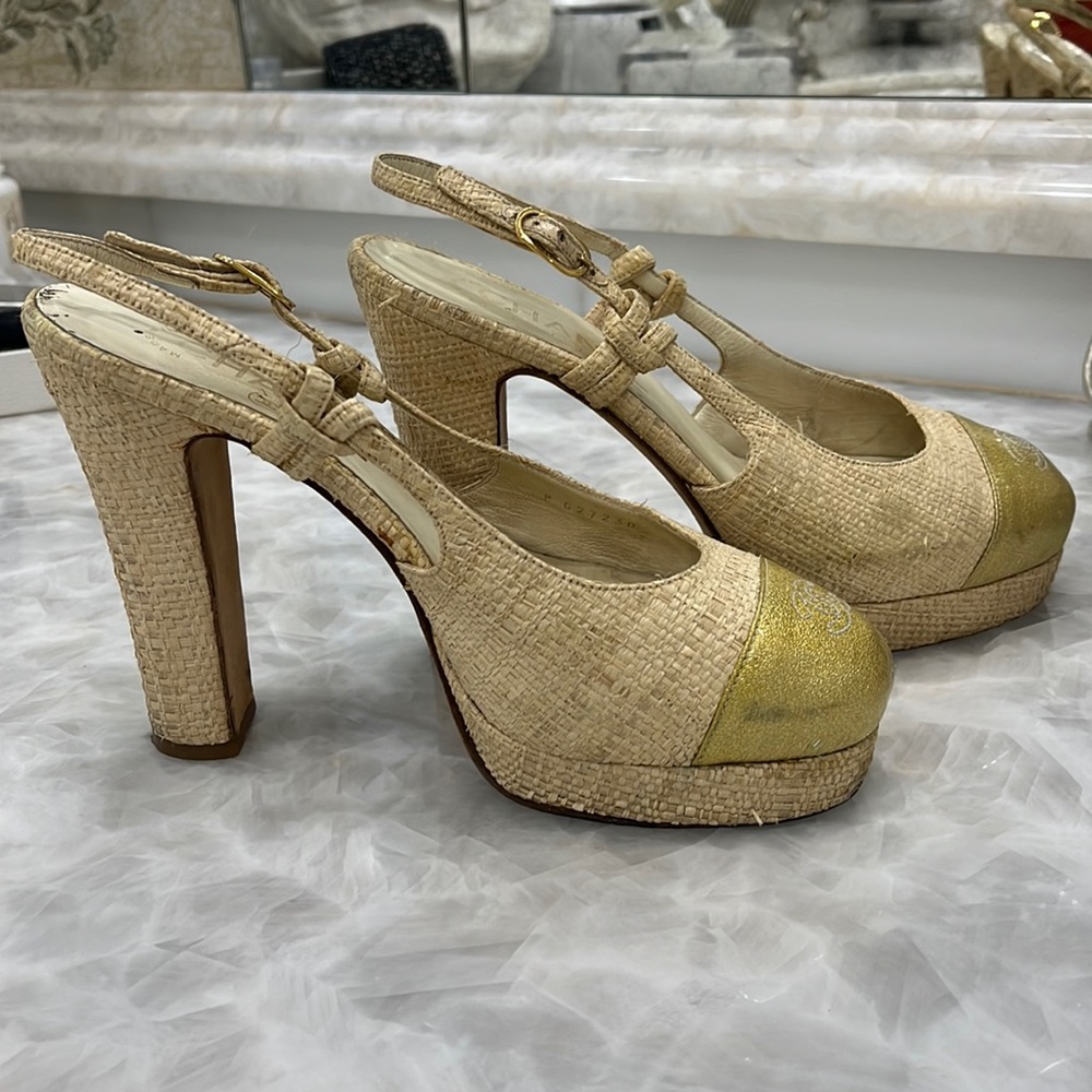 Chanel raffia sling back platform